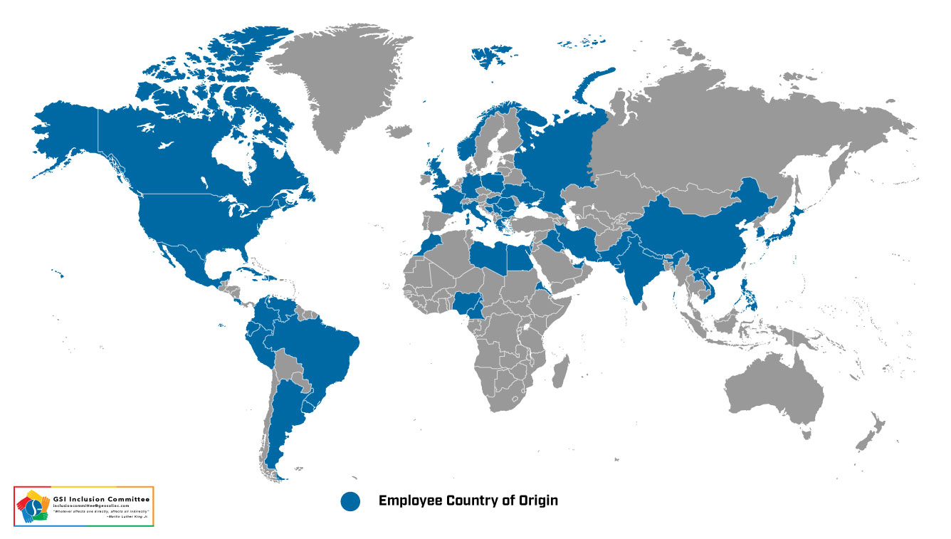 In this image is a map with countries highlighted blue if Geographic Solutions has a employee with that country as their origion showcasing the diverse droup of employee's at Geographic Solutions